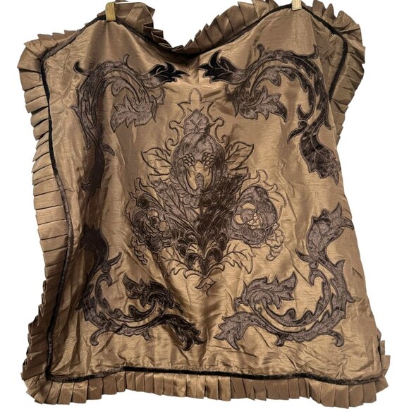 Embroidered Euro Sham Brown Ruffle Border Veratex Zippered Pillow Cover 26" Sq - Picture 1 of 6